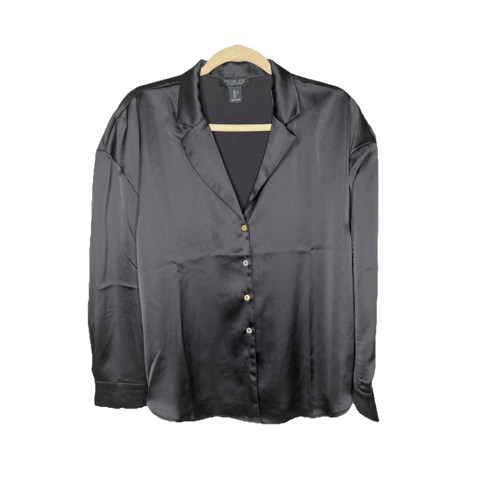 Rachel Zoe Black Satin Button Up‎ Collared Long Sleeve Shirt Top Women Large